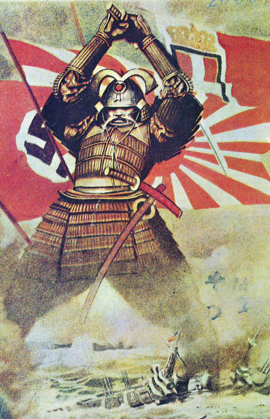 » Faşist bir Samuray: 2. Dünya Savaşı'nda Pasifik'te Amerikan donanmasına karşı Berlin- Roma-Tokya ittifakını simgeleyen bir propaganda afişi.Kılıcını indirmek üzere olan Samuray İtalya ve Gamalı Haç'ın yer aldığı Almanya bayrağının önünde. 