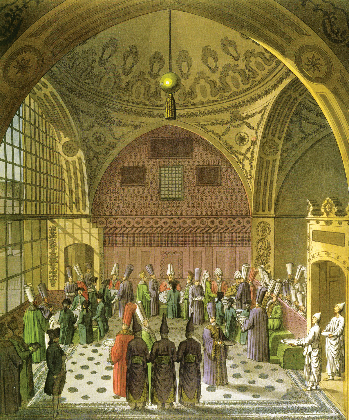 » İmparator'un vezirleri: Osmanlı sarayına gelen elçilerin onuruna verilen ve veziriazam ile diğer vezirlerin katıldığı yemeklerden birini tasvir eden çizimde bir renk cümbüşü göze çarpıyor.