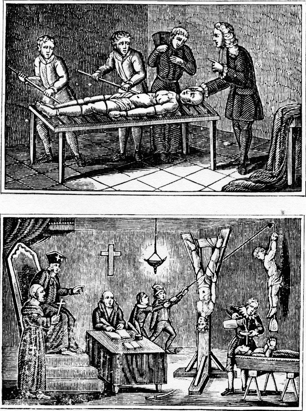 » Sıkıysa itiraf etmesin! : Protestanlığın klasiklerinden Foxe's Book of Martrys adlı eserde yer alan bu iki ağaç baskıda Engizisyonun verdiği ceza doğrultusunda tavana el bileklerinden asıp germe (garrucha), ağza keten bir bez yerleştirip su boca etme (toca) ve gergiye kablolarla bağlayıp sıkma (potro) sahneleri tasvir edilmiş.