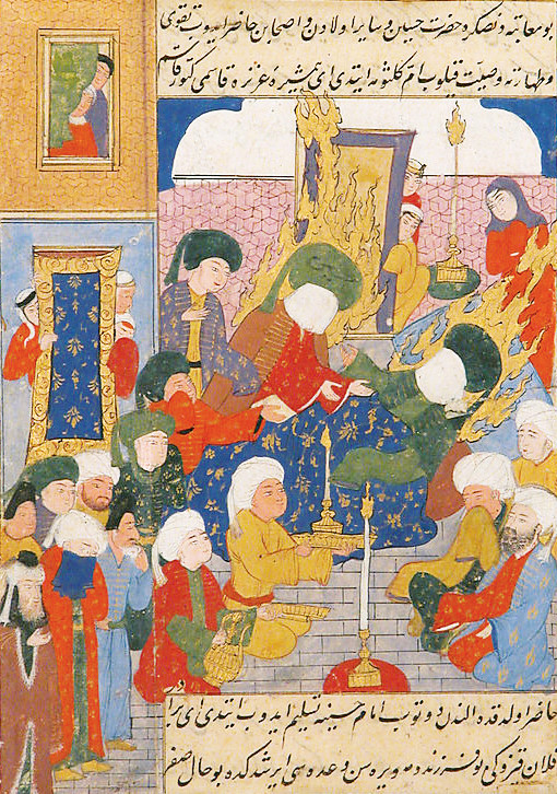 » Kerbela'dan önce: Fuzulî'nin Hadikatü's-Süedâ adlı eserinden acıklı bir sahne. Hz. Hasan ölüm döşeğinde yatarken kardeşi Hz. Hüseyin onu ziyaret ediyor. (Metropolitan Museum)